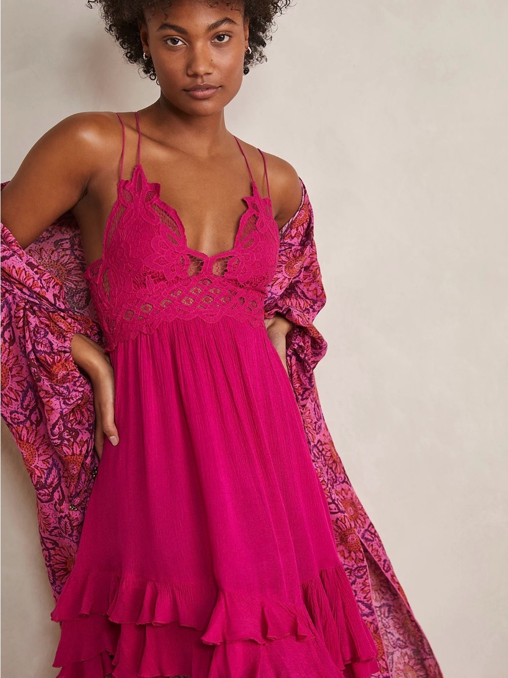 Free People Fuchsia Lace-Trim Midi Dress